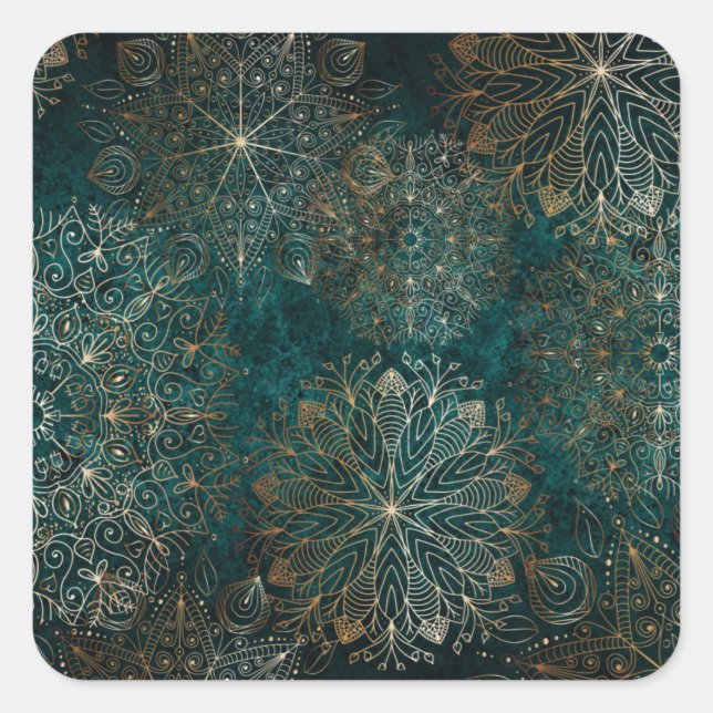 Elegant Gold and Teal Green Floral Mandala Pattern Square Sticker (Front)