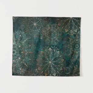 Elegant Gold and Teal Green Floral Mandala Pattern Tapestry