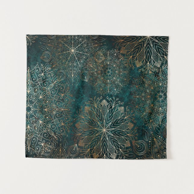 Elegant Gold and Teal Green Floral Mandala Pattern Tapestry (Front (Horizontal))
