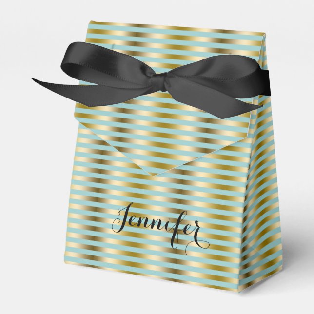 Elegant Gold And Teal-Green Stripes Pattern Favour Box (Front Side)