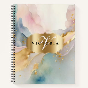 Elegant Gold and Watercolor Pastel Monogram Name Notebook