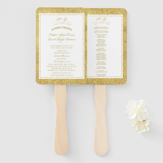 Elegant Gold and White Border Wedding Program Hand Fan (Front and Back)