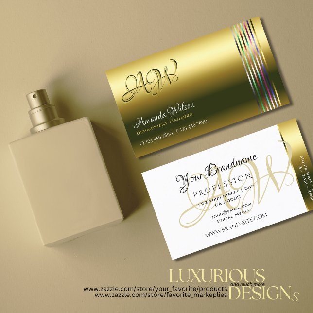 Elegant Gold and White Colourful Stripes Monogram Business Card (Creator Uploaded)