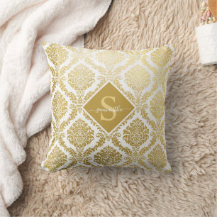 Elegant Gold and White Damask Print Personalised Cushion