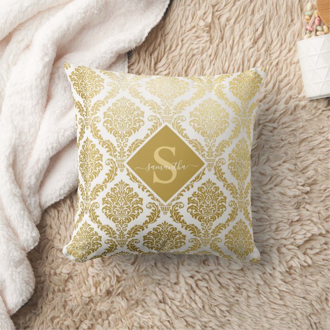 Elegant Gold and White Damask Print Personalised  Cushion (Blanket)