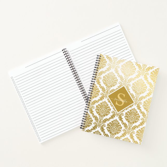 Elegant Gold and White Damask Print Personalised  Notebook (Inside)
