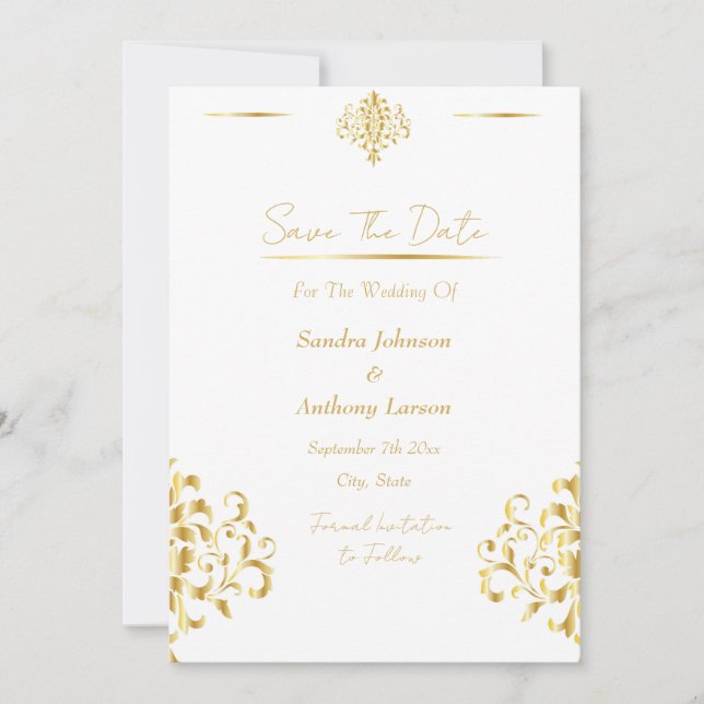 Elegant Gold and White Damask Save The Date (Front)