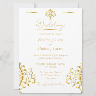 Elegant Gold and White Damask Wedding Invitation