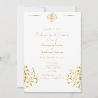 Elegant Gold and White Damask Wedding Rehearsal Invitation