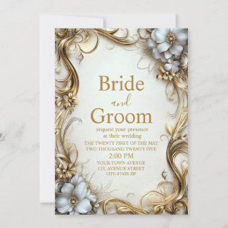 Elegant Gold and White Floral Border Wedding Invitation