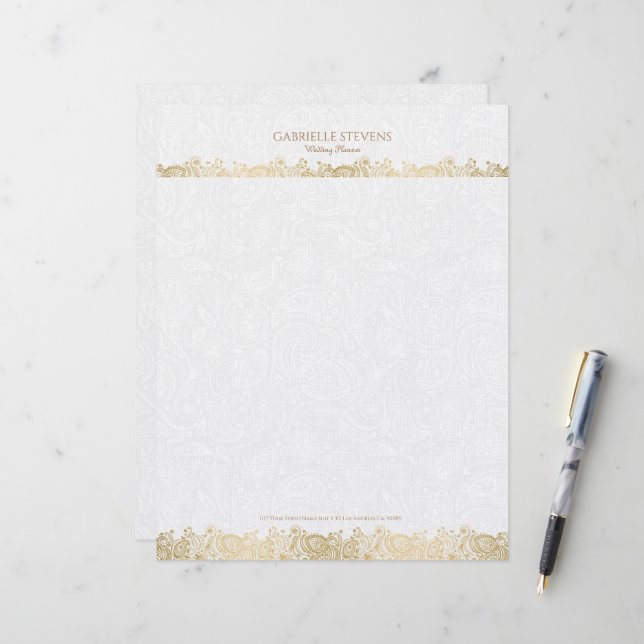 Elegant Gold And White Floral Paisley Lace Custom Letterhead (Front/Back In Situ)