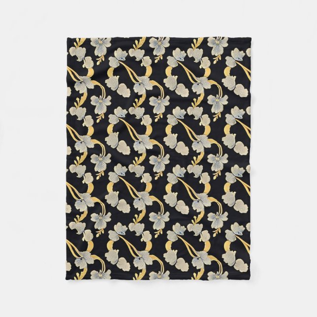 Elegant Gold and White Floral Pattern Fleece Blanket (Front)