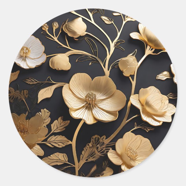 Elegant  Gold and White Flowers Pattern  Classic Round Sticker (Front)