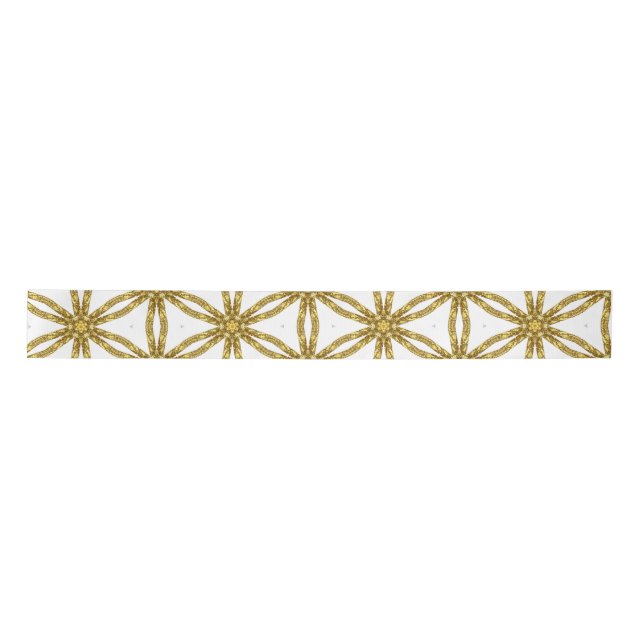 Elegant Gold and White Geometric Pattern  Satin Ribbon (Front)