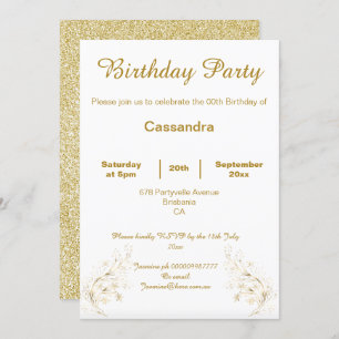 ELEGANT GOLD AND WHITE GLITTER CUSTOM BIRTHDAY INVITATION