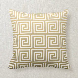 Elegant Gold and White Greek Key Pattern Cushion