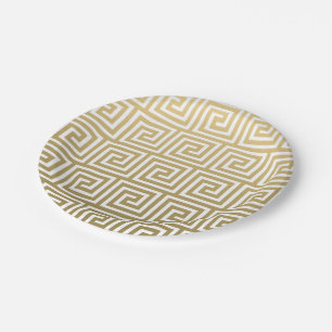 Elegant Gold and White Greek Key Pattern Paper Plate