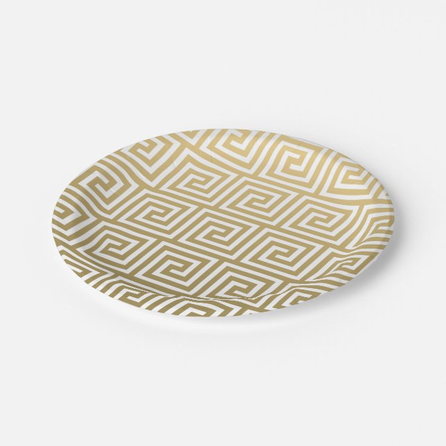 Elegant Gold and White Greek Key Pattern Paper Plate (Angled)