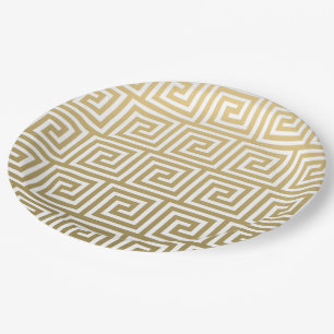 Elegant Gold and White Greek Key Pattern Paper Plate