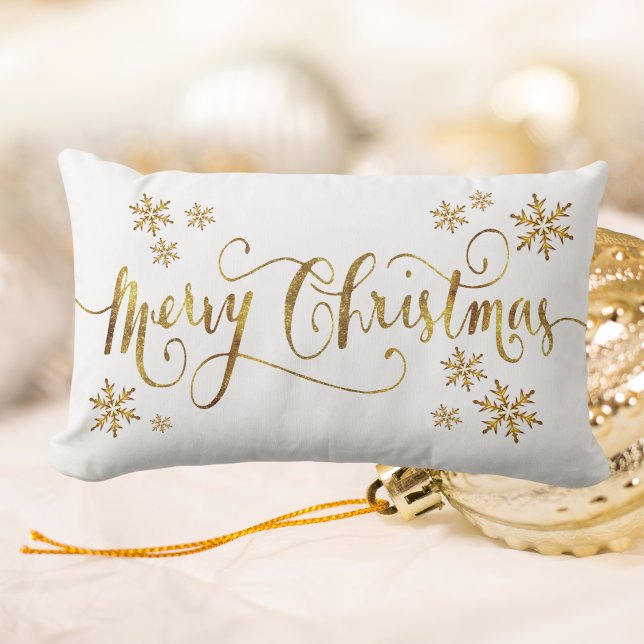 Elegant Gold and White Merry Christmas Lumbar Cushion (Elegant Gold and White, Merry Christmas Lumbar Pillow)