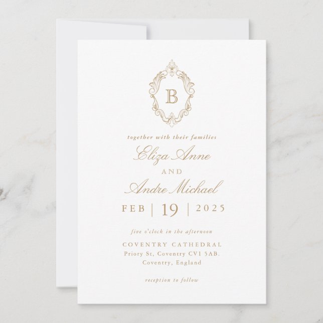 Elegant Gold and White Monogram Crest Wedding Invitation (Front)