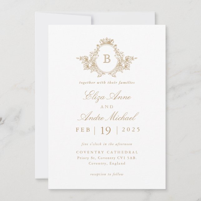 Elegant Gold and White Monogram Crest Wedding  Invitation (Front)