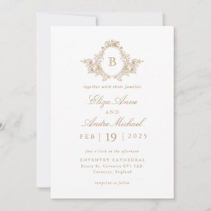 Elegant Gold and White Monogram Crest Wedding  Invitation
