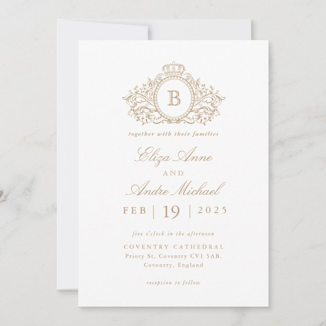 Elegant Gold and White Monogram Crest Wedding  Invitation (Front)