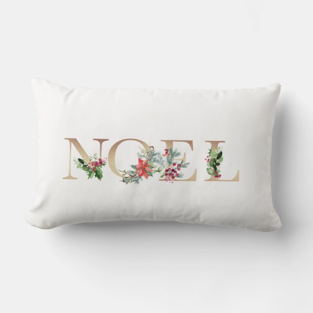 Elegant Gold and White Noel Christmas Holiday Lumbar Cushion (Front)