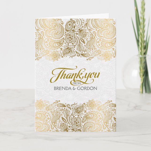 Elegant Gold And White Paisley Lace Thank You Card (Front)