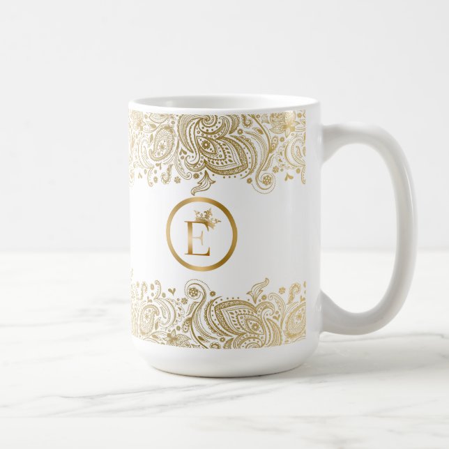 Elegant Gold And White Paisley Monogram Coffee Mug (Right)