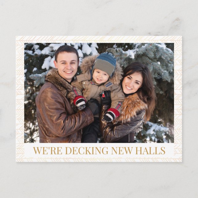 Elegant Gold and White Photo Holiday Moving Announcement Postcard (Front)