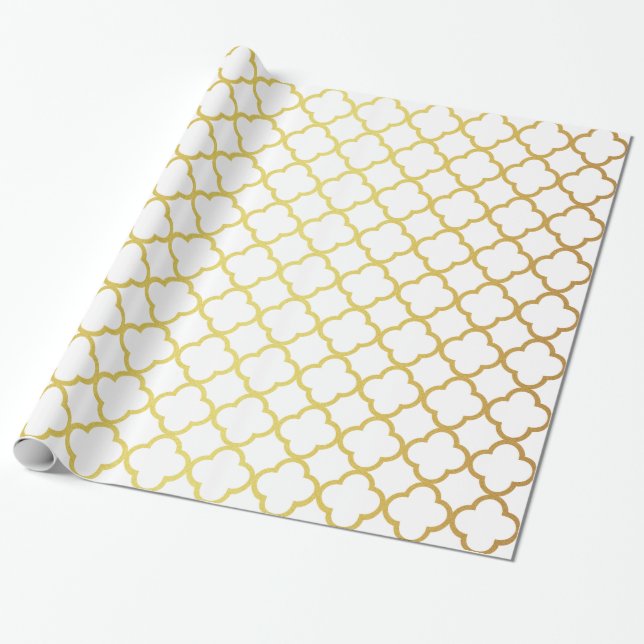 Elegant Gold and White Quatrefoil Geometric Wrapping Paper (Unrolled)