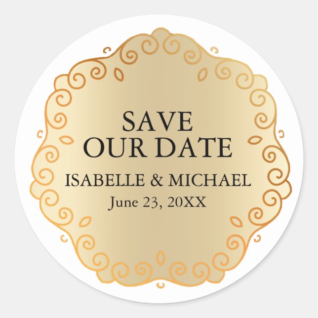 Elegant Gold and White Save Our Date Classic Round Sticker (Front)