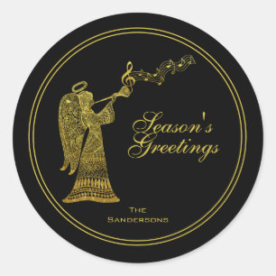 Elegant Gold Angel on Black Christmas Classic Round Sticker