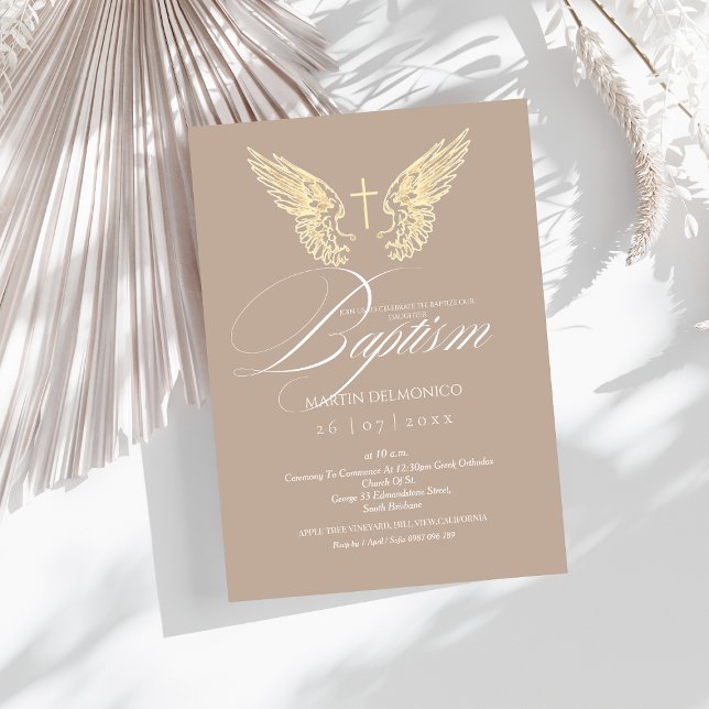 Elegant Gold Angel Wings Typography Cross Baptism  Invitation (Creator Uploaded)