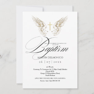 Elegant Gold Angel Wings Typography Cross Baptism  Invitation