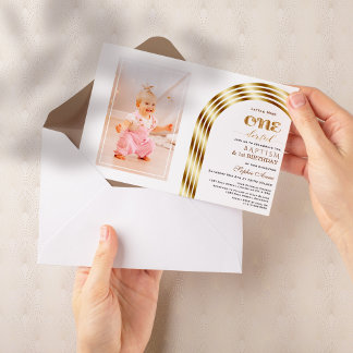 Elegant Gold Arch Baptism 1st Birthday Girl Photo Invitation