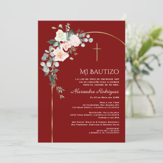 Elegant Gold Arch Floral Burgundy Spanish Bautizo Invitation