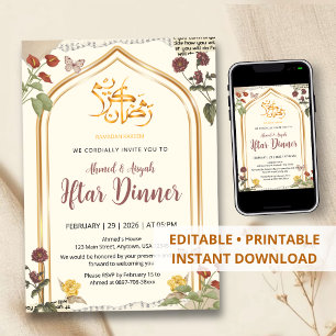 Elegant Gold Arch Floral Ramadan Iftar Dinner Invitation