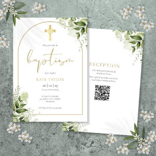 Elegant Gold Arch Greenery Floral Baptism QR Code Invitation