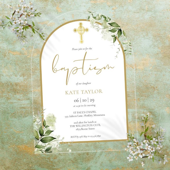 Elegant Gold Arch Greenery Floral Foliage Baptism Acrylic Invitations (Elegant Gold Arch Greenery Floral Foliage Baptism Acrylic Invitations)