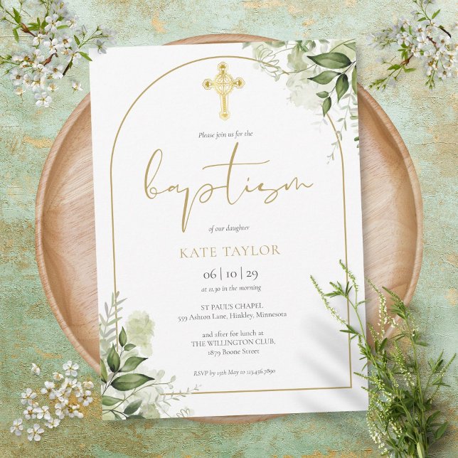 Elegant Gold Arch Greenery Floral Foliage Baptism Invitation (Creator Uploaded)