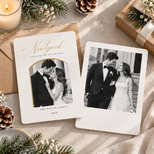 Elegant Gold Arch Newlywed Christmas Two Photo Holiday Card
