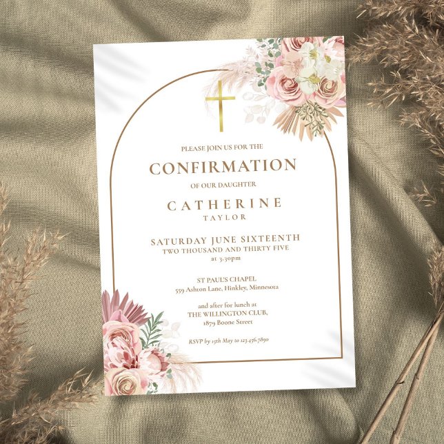 Elegant Gold Arch Pampas Grass Floral Confirmation Invitation (Elegant Gold Arch Pampas Grass Floral Confirmation Invitation)