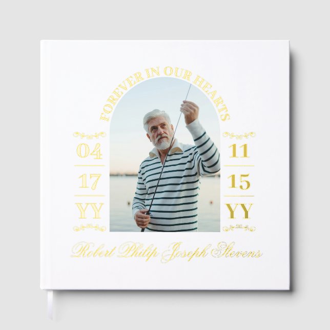 Elegant Gold Arch Photo Forever In Our Hearts Guest Book (Front)