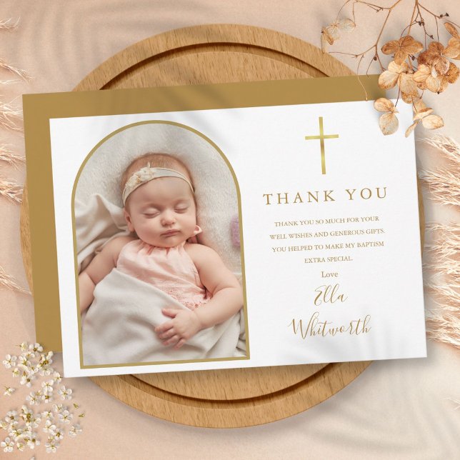 Elegant Gold Arch Photo Signature Script Baptism Thank You Card (Elegant Gold Arch Photo Signature Script Baptism Thank You Card)