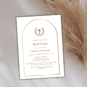 Elegant Gold Arch Wreath Cross Frame Baptism Invitation