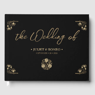 Elegant gold Art Deco & calligraphy black, wedding Guest Book
