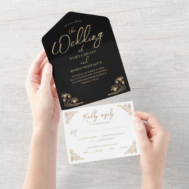 Elegant gold Art Deco on black All In One wedding  Invitation (Tearaway)